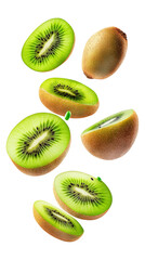Fototapeta premium Flying sliced kiwi fruit isolated on transparent white background, clipping path