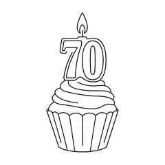 70th birthday cupcake with whipped cream and number 70 candle, isolated vector illustration on white or transparent background