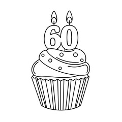 60th birthday cupcake with whipped cream and number 60 candle, isolated vector illustration on white or transparent background