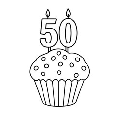 50th birthday cupcake with whipped cream and number 50 candle, isolated vector illustration on white or transparent background