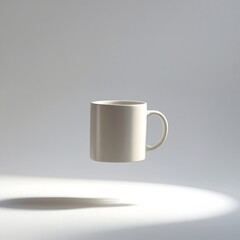 Obraz premium Plain ceramic coffee mug levitating in mid-air against a seamless white background, shot with soft diffused studio lighting from both sides, with subtle shadow beneath to add realism.