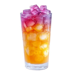 Refreshing, colorful drink in tall glass with vibrant purple and orange layers, topped with ice cubes, creating visually appealing and thirst quenching beverage