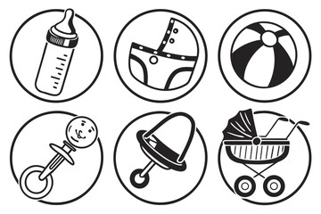 Baby items and toys icons isolated on white background