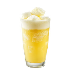 Refreshing glass of mango smoothie topped with ice cubes, showcasing vibrant yellow color and creamy texture, perfect for tropical treat