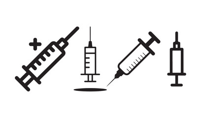 Collection of four black syringe icons with medical cross isolated on white background