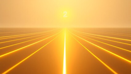 A digital rendering of a golden horizon with glowing lines and the number two in the distance