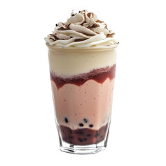 Delicious layered dessert drink in clear glass, featuring whipped cream on top, layer of chocolate powder, and mix of creamy and fruity layers with tapioca pearls at bottom