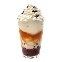 Delicious iced bubble tea with layers of creamy milk, rich tea, and chewy tapioca pearls, topped with generous swirl of whipped cream and drizzled with syrup, creating refreshing treat
