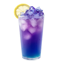 Refreshing glass of butterfly pea flower tea with ice cubes and lemon slice, showcasing vibrant gradient from deep blue to purple. drink is served clear glass, highlighting its colorful appearance