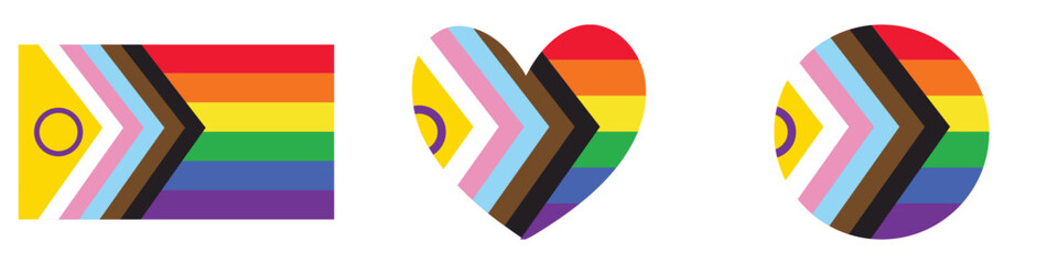 Progress Pride Flag set of icons, heart symbol, circle, vector design elements. 