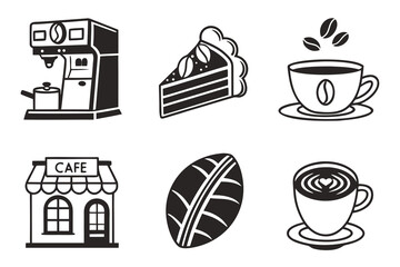 Coffee machine, cake, cup, cafe, and bean illustration in black and white