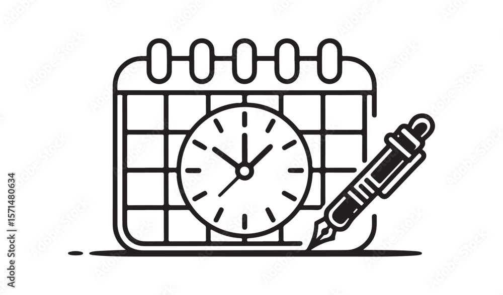 Poster calendar with clock and pen icon representing scheduling and planning isolated on white background