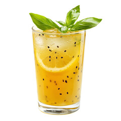 Refreshing glass of passion fruit juice with lemon slice and basil leaves, showcasing vibrant colors and tropical vibe. seeds add texture to drink, on transparent background