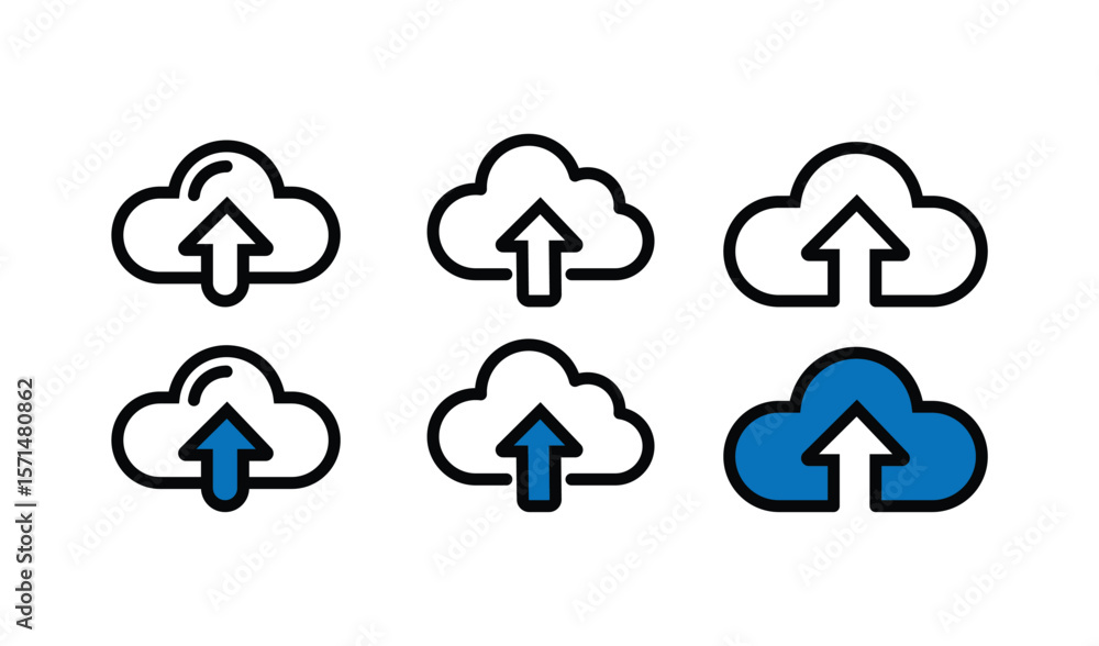 Poster set of cloud upload icons with up arrows isolated on white background