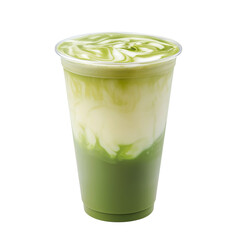 Refreshing iced matcha latte in clear plastic cup, showcasing vibrant green tea swirls blending with creamy milk. drink layered appearance is visually appealing and inviting, on transparent background