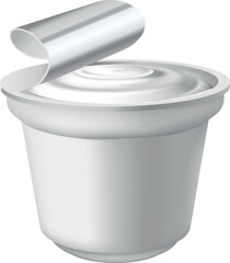 Yogurt cup, sour cream, milk products package, realistic vector 3D mockup of white round plastic container with foil lid