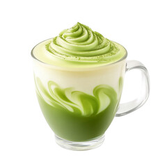 Creamy matcha latte clear glass mug showcases beautiful swirl of green tea and milk, topped with swirl of whipped cream and sprinkle of matcha powder, creating inviting and artistic presentation