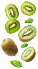 Fototapeta premium Flying sliced kiwi fruit isolated on transparent white background, clipping path