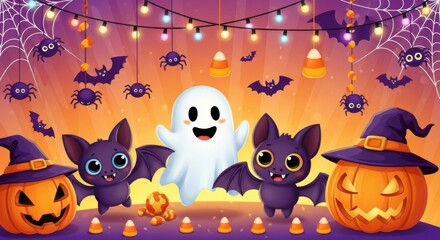 Fototapeta premium Cute Halloween Party Decorations Featuring Friendly Ghost Bats and Pumpkins
