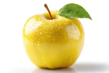 A vibrant yellow apple, enhanced with water droplets, rests against a clean white backdrop,