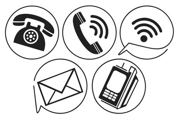Five communication icons are isolated on white background