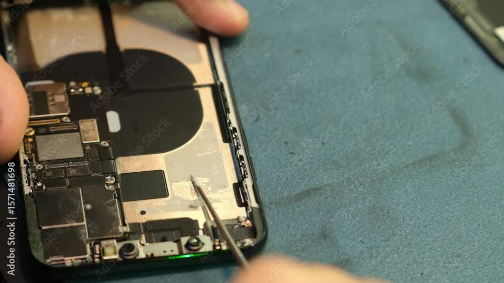Aufkleber watch as a skilled technician disassembles a smartphone to repair internal components using precisio