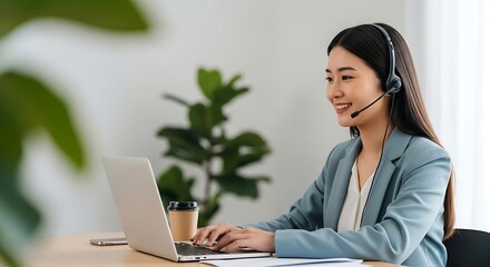 Businesswoman working on laptop with headset