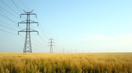 Distribution of electrical power to high voltage towers in a wheat field. Power lines in the field.