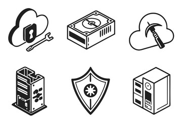 Cloud servers and shields represent data security and mining