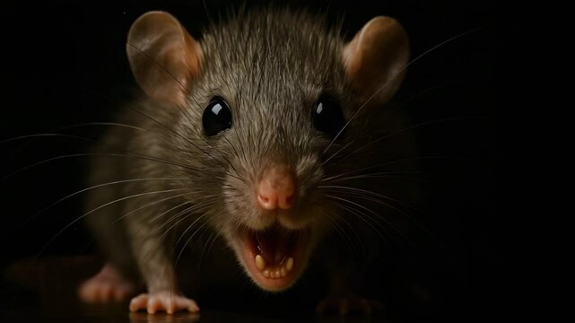 Close-up of a scared or aggressive rat with its mouth open and sharp teeth against a dark background. Expressive portrait of a rodent: the rat shows its teeth while looking straight at the camera.