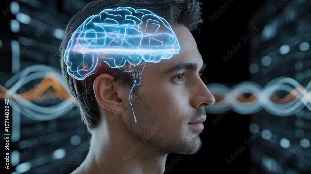 Poster man with digital brain activity shows intelligence and cognitive functions