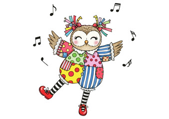 Naklejka premium Happy owl dancer performing joyfully on a white background with musical notes