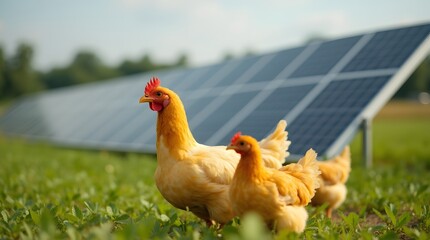 free range chickens on green grass. A farm with solar panels and chickens walking near solar panels. Chickens near energy-saving panels.