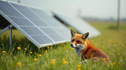 red fox standing on a fence. Red fox in grass in dandelions near solar panel. A solar panel in a field with a fox sitting next to it.