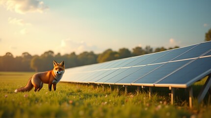 Solar power plant in a field with wildlife walking nearby. A fox runs past a solar panel farm.