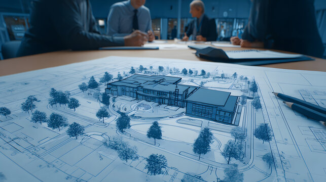 Education Facility Blueprinting, blueprinting for education facility projects with an image featuring school administrators and architects planning educational campuses