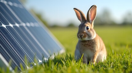 Solar module in a solar panel in a field in summer. A hare sits next to the solar panel and looks into the frame. Easter and saving electric energy.
