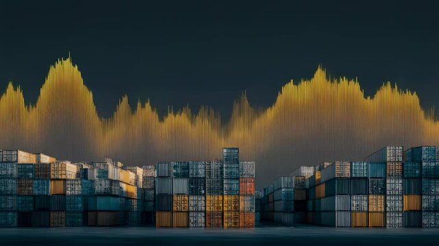 An intricate digital chart exhibiting drastic ups and downs layered above an industrial scene of neatly stacked freight containers highlighting the complex relationship between global