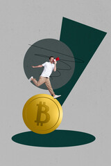 Pop trendy 3d zine vertical art collage of happy businesswoman businessman receive crypto coin bitcoin income profit capital