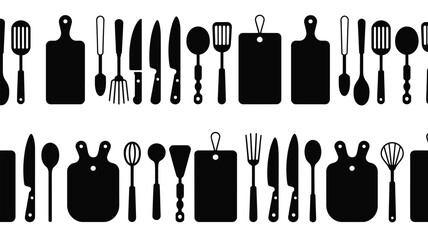 Black silhouettes showcase a kitchenware pattern against a white backdrop, perfect for cooking and culinary themes.