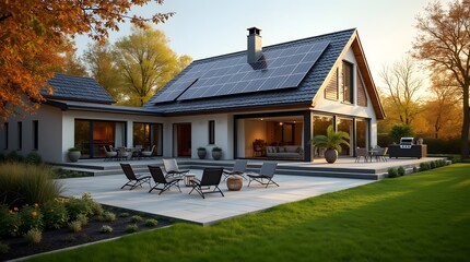 Large private house area with solar panels on the roof. Energy independent house with beautiful terrace and area for relaxation. Expensive private house with two floors.