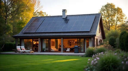 Solar panels on the roof of a private house with stylish interior and facade, in front of the house green grass, bushes and flowers. Elite private house.