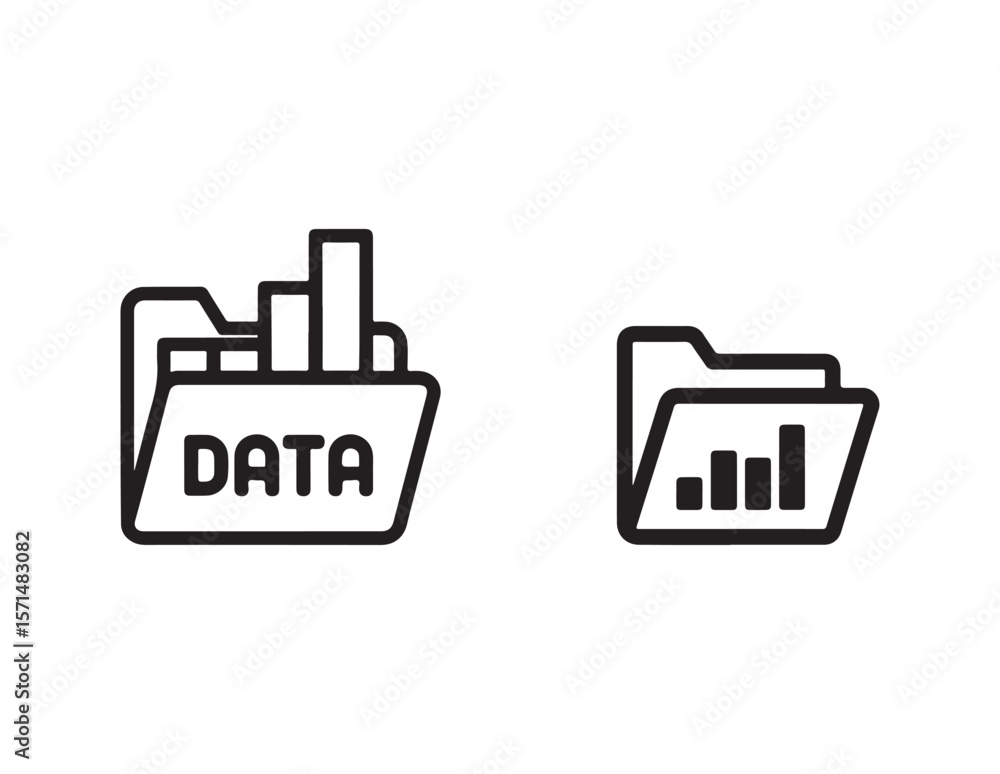 Poster two black line icons of folders with bar graphs and the word data isolated on white background
