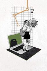 Vertical art exclusive collage of happy schoolgirl hold globe wifi network laptop device ai...