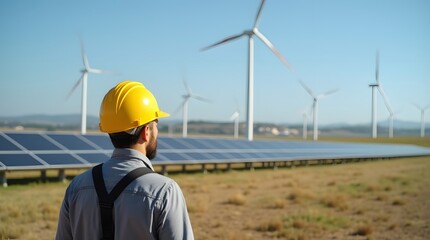 engineer in the wind turbine. A wind turbine and solar panel repairman in a yellow helmet and work robe looks out over an industrial area.