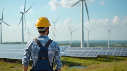 A solar panel installer looks at a solar panel farm that is placed between wind turbines. Wind turbines and solar panels side by side in a field.