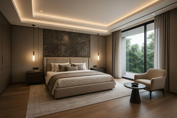Modern Luxury Beige Bedroom Interior Design: Serene Minimalist Style with Marble Accent Wall and Large Window View.