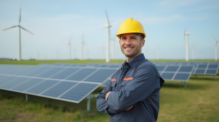 man with helmet and wind turbines. A mechanic in a yellow helmet stands in front of solar panels and wind turbines in a field.