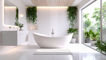 Modern bathroom interior with city view and freestanding bathtub 3d rendering
4