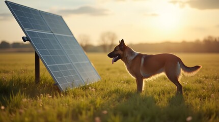 Malinois dog standing near a solar panel in a field in the evening. Farmland with solar panels and a dog.